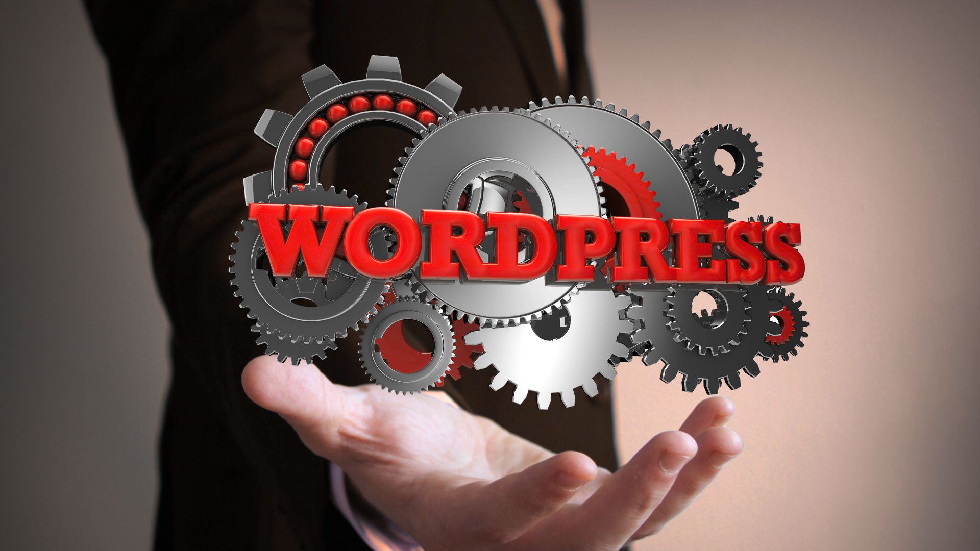 Person holding out a 3D gear graphic with the word “WordPress” in bold red letters, highlighting the importance of system upkeep.