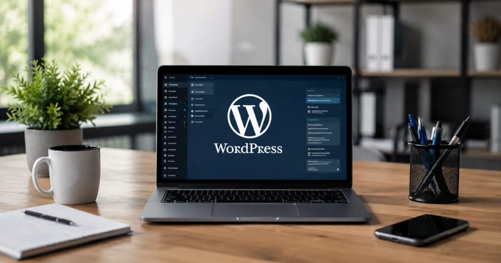 Laptop displaying a WordPress dashboard on a modern office desk.