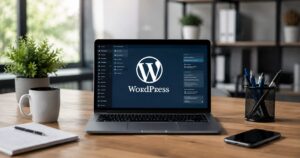 Laptop displaying a WordPress dashboard on a modern office desk.