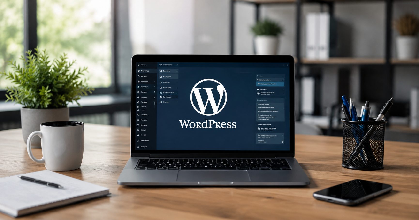 Laptop displaying a WordPress dashboard on a modern office desk.