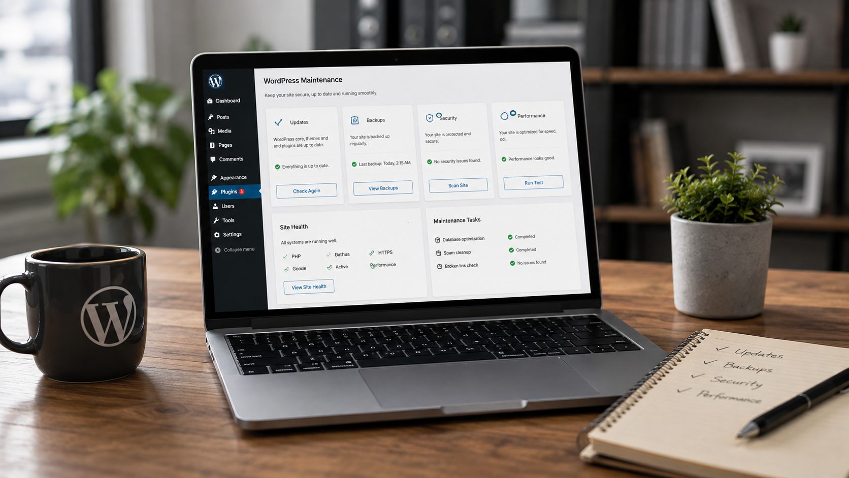 WordPress maintenance dashboard showing updates, backups, security checks and site performance.