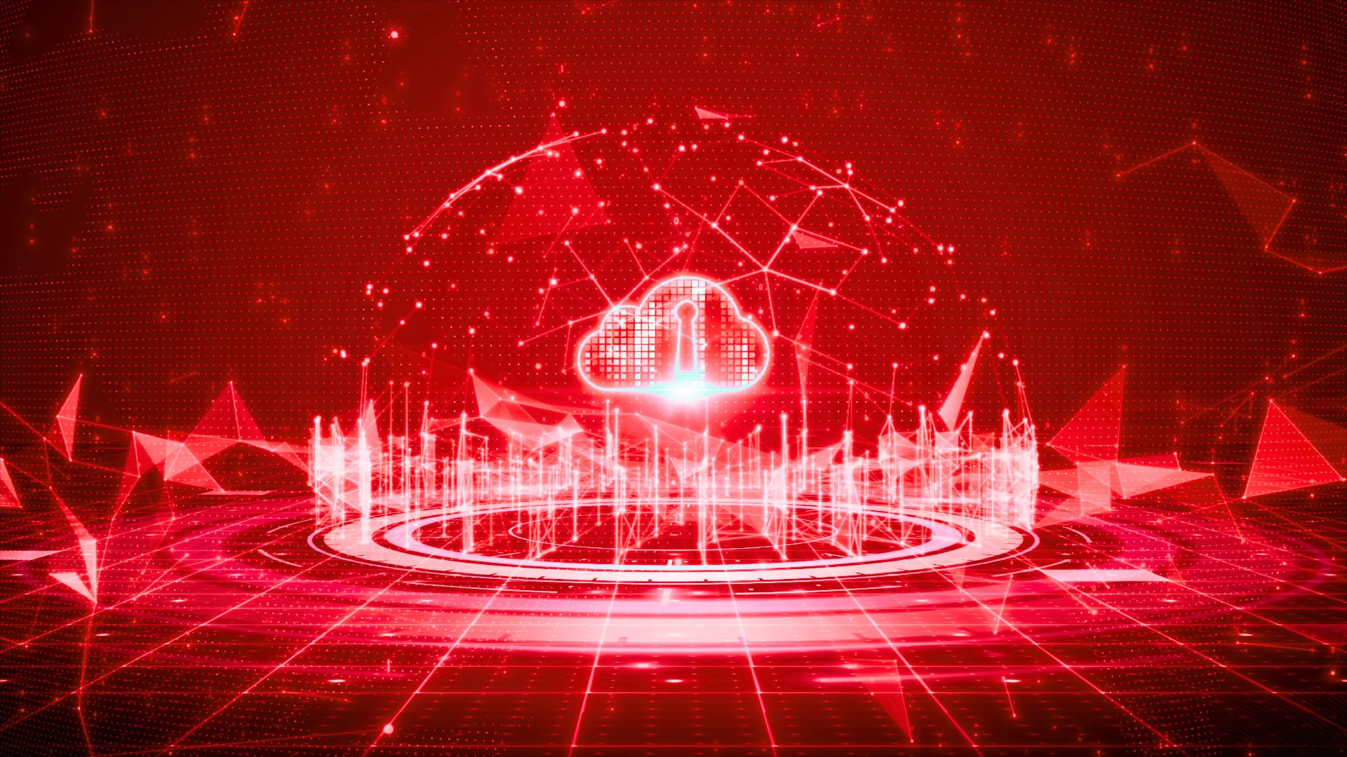 Digital red cloud icon with a keyhole at its center, surrounded by a futuristic network grid, representing secure cloud or database connection.