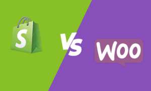 Shopify vs WooCommerce comparison graphic with logos on split green and purple background|||||||||||||||||||||||