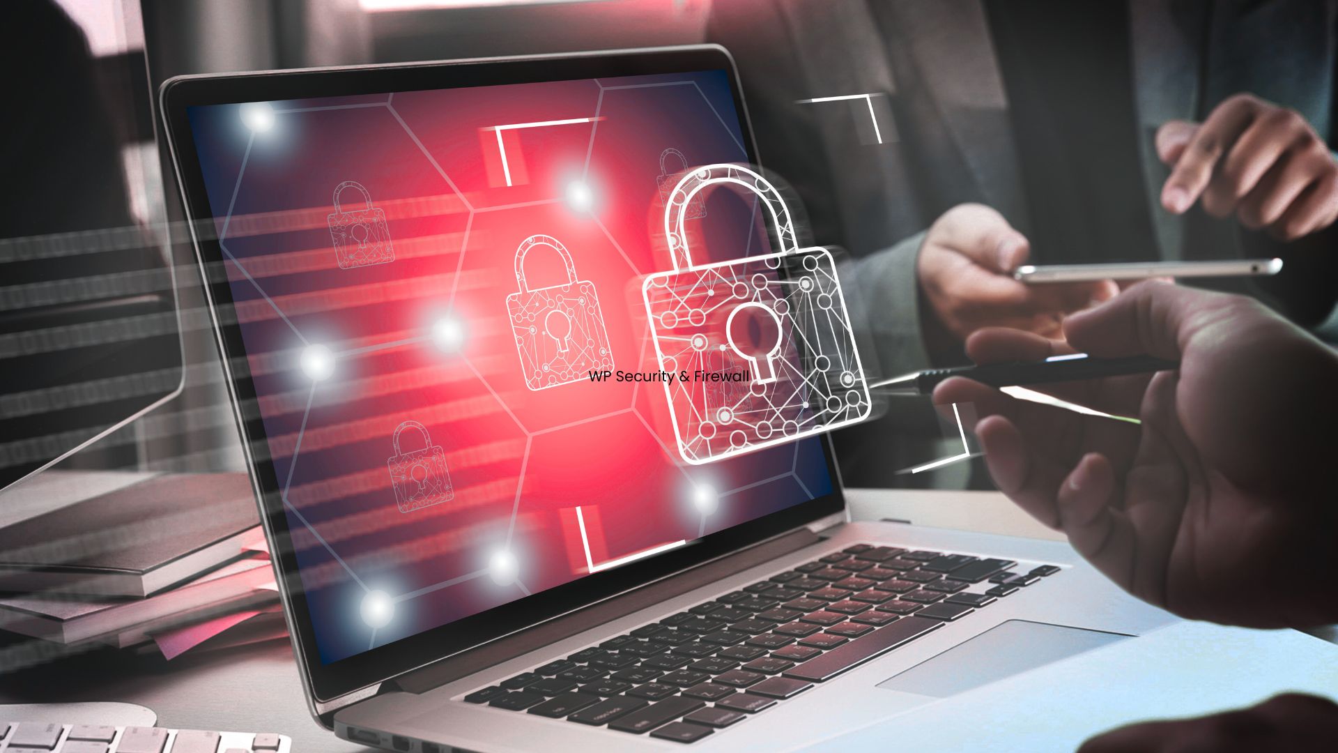 Computer screen displaying digital padlocks with the text “WP Security & Firewall,” while people collaborate in the background.