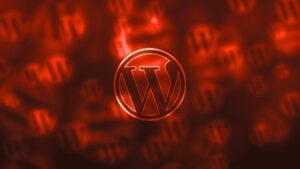 Glowing WordPress logo over a blurred red background filled with repeating logos