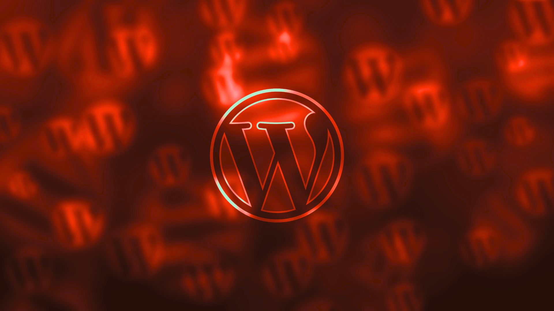 Glowing WordPress logo over a blurred red background filled with repeating logos