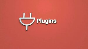 Minimalist white plugin icon and the word “Plugins” on a solid red background