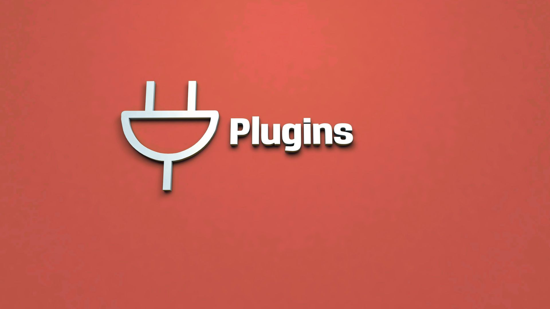 Minimalist white plugin icon and the word “Plugins” on a solid red background