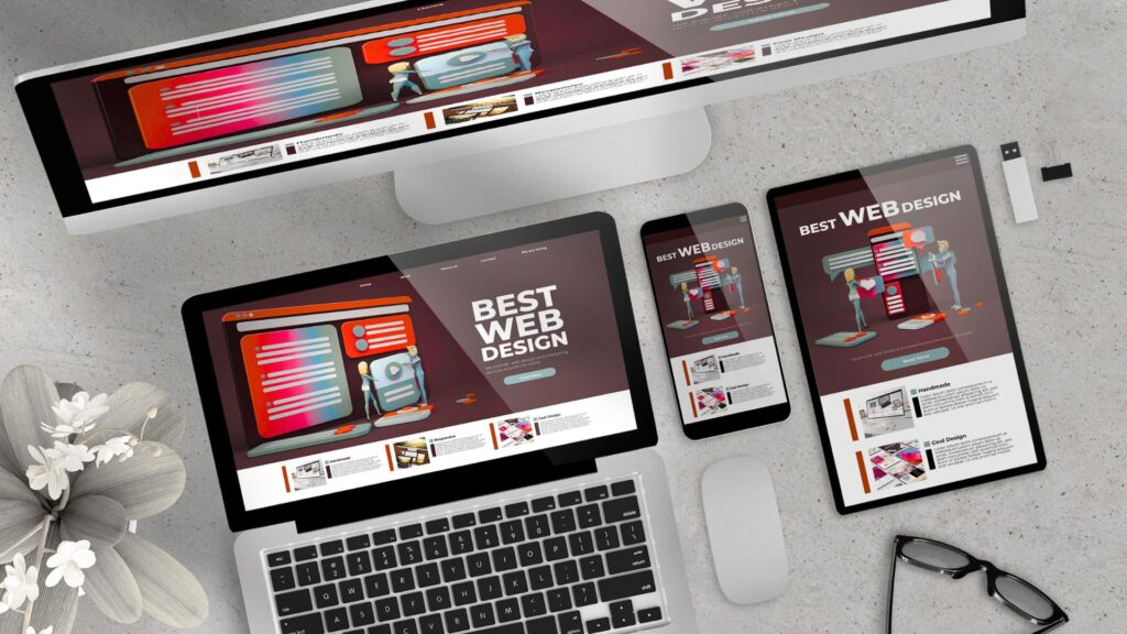 Multiple devices displaying colourful web templates|Website shown across multiple devices for responsive design|Computer screen displaying website code|Person typing on laptop with review graphics overlay|Developer testing code on smartphone and desktop|Modern workspace with web design shown on all devices