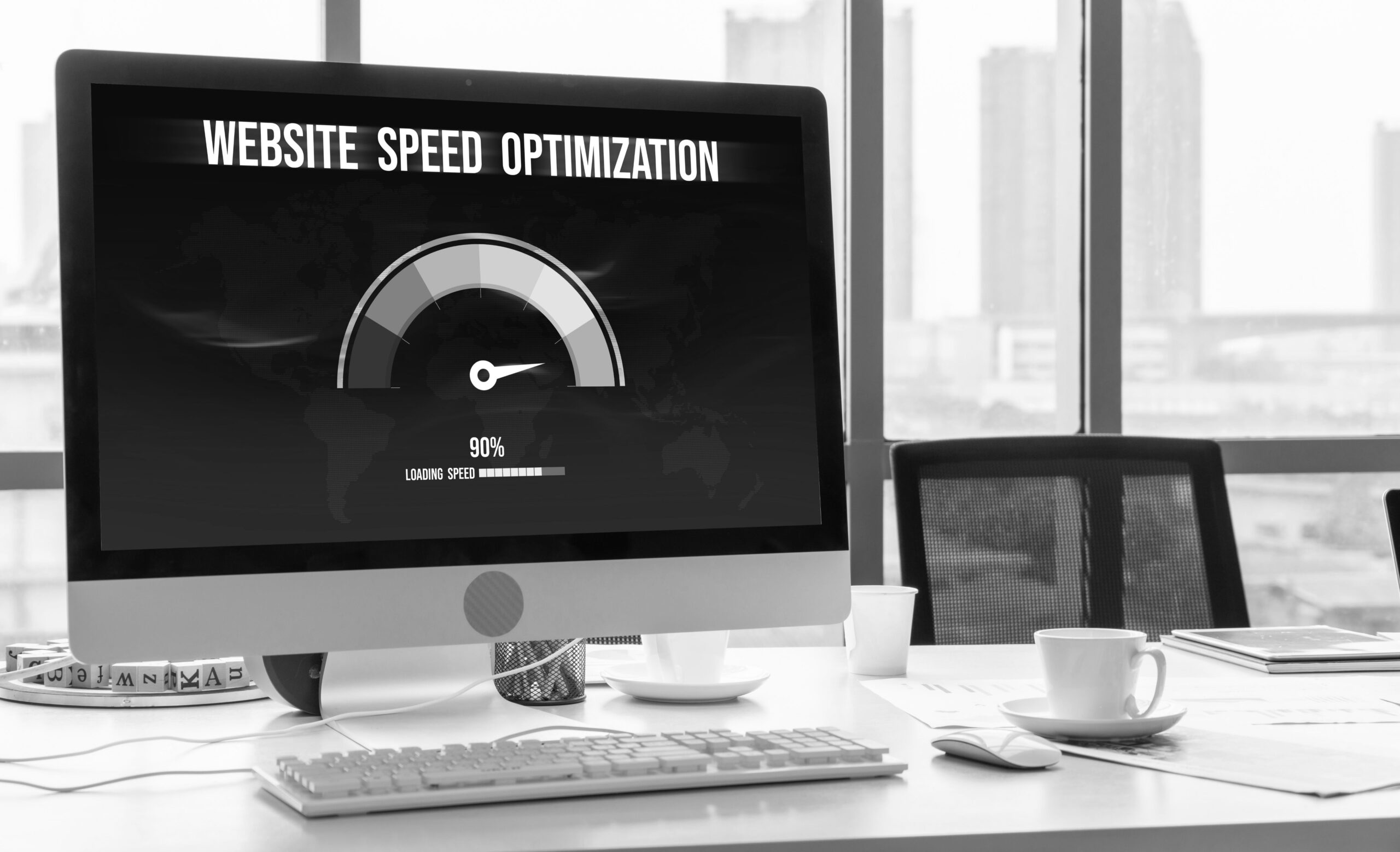 |Desktop computer screen showing 'Website Speed Optimization' with a loading speed gauge at 90%||||