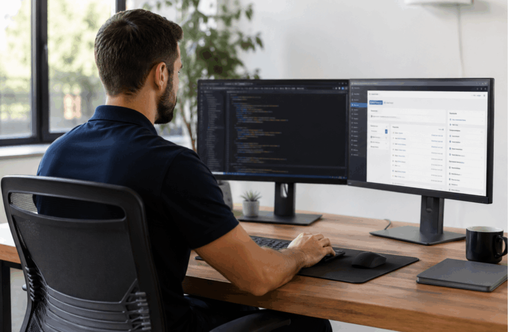 Website maintenance specialist working at a dual-monitor workstation managing a WordPress business website.