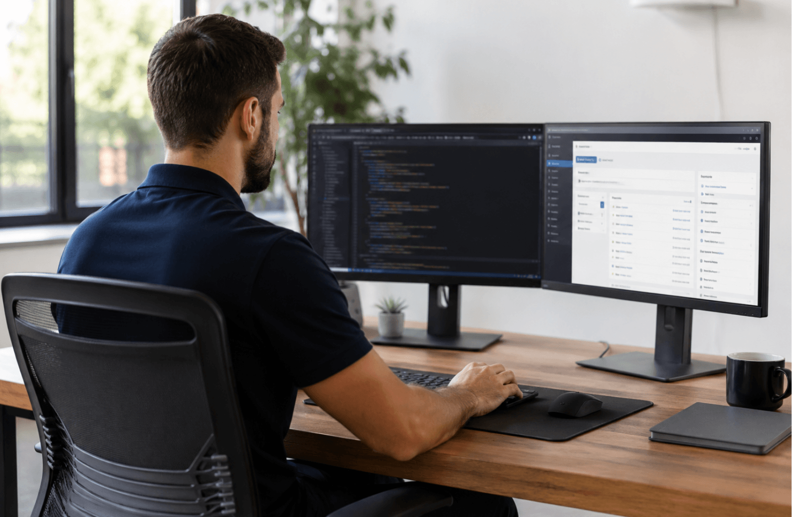 Website maintenance specialist working at a dual-monitor workstation managing a WordPress business website.