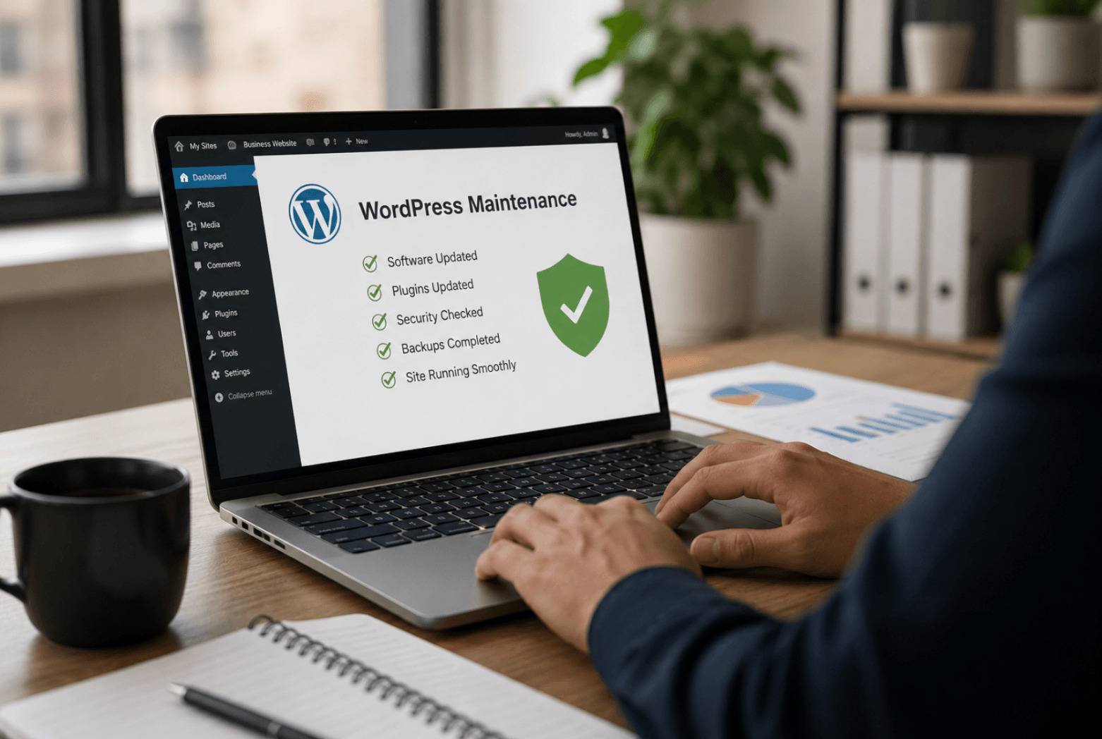 Business owner reviewing website maintenance updates and security checks on a laptop.