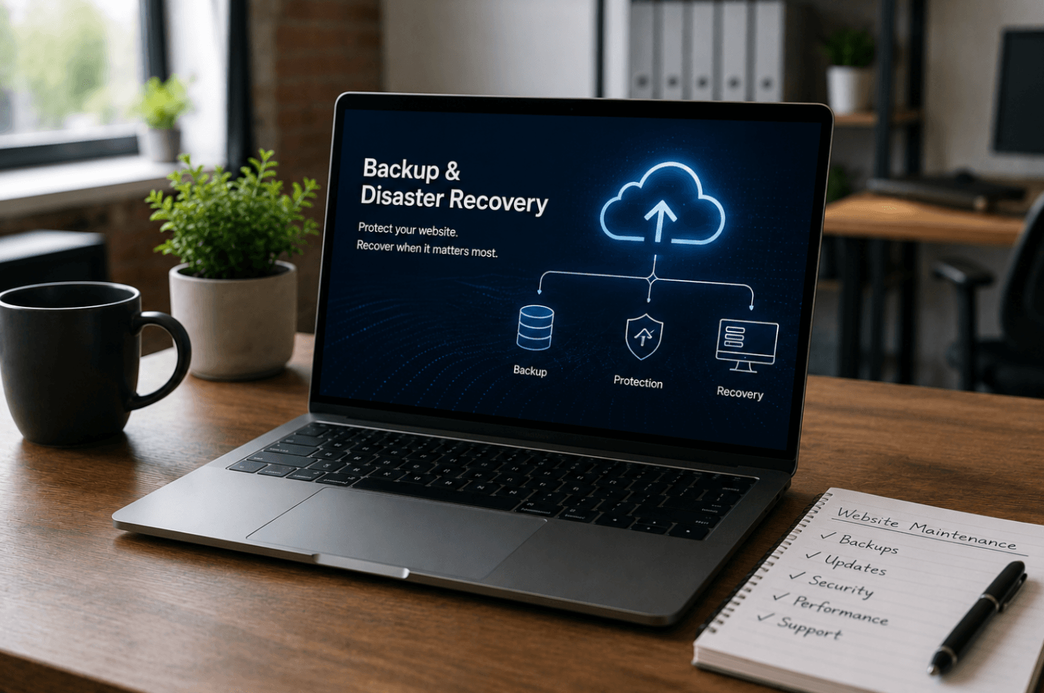 Laptop displaying a backup and disaster recovery dashboard with cloud backup and website recovery graphics in a modern office.