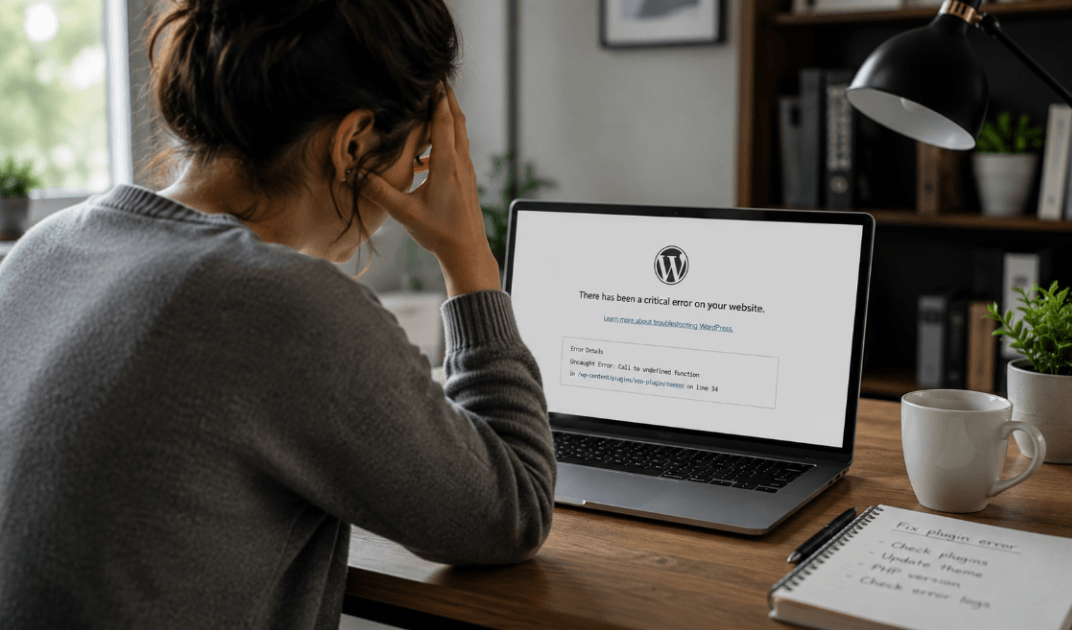 User experiencing WordPress technical difficulties on a laptop after a theme or core update.