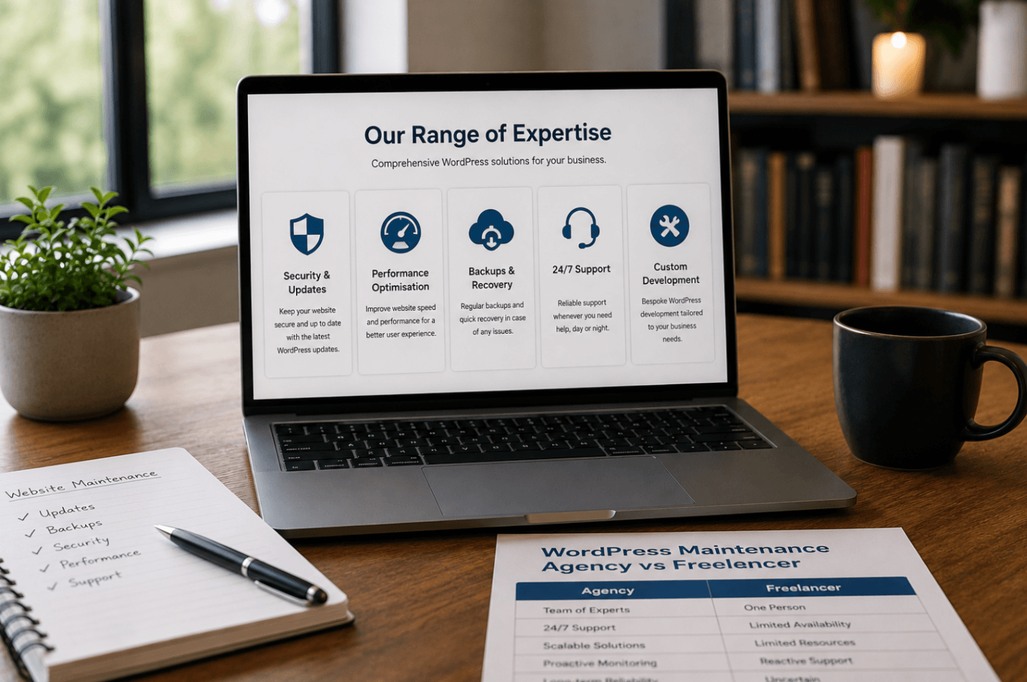 Laptop displaying a range of WordPress maintenance services including security updates, performance optimisation, backups, support and custom development.