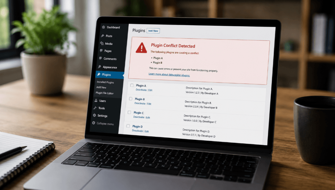 Laptop displaying a WordPress plugin conflict warning on the plugins page in a modern office workspace.
