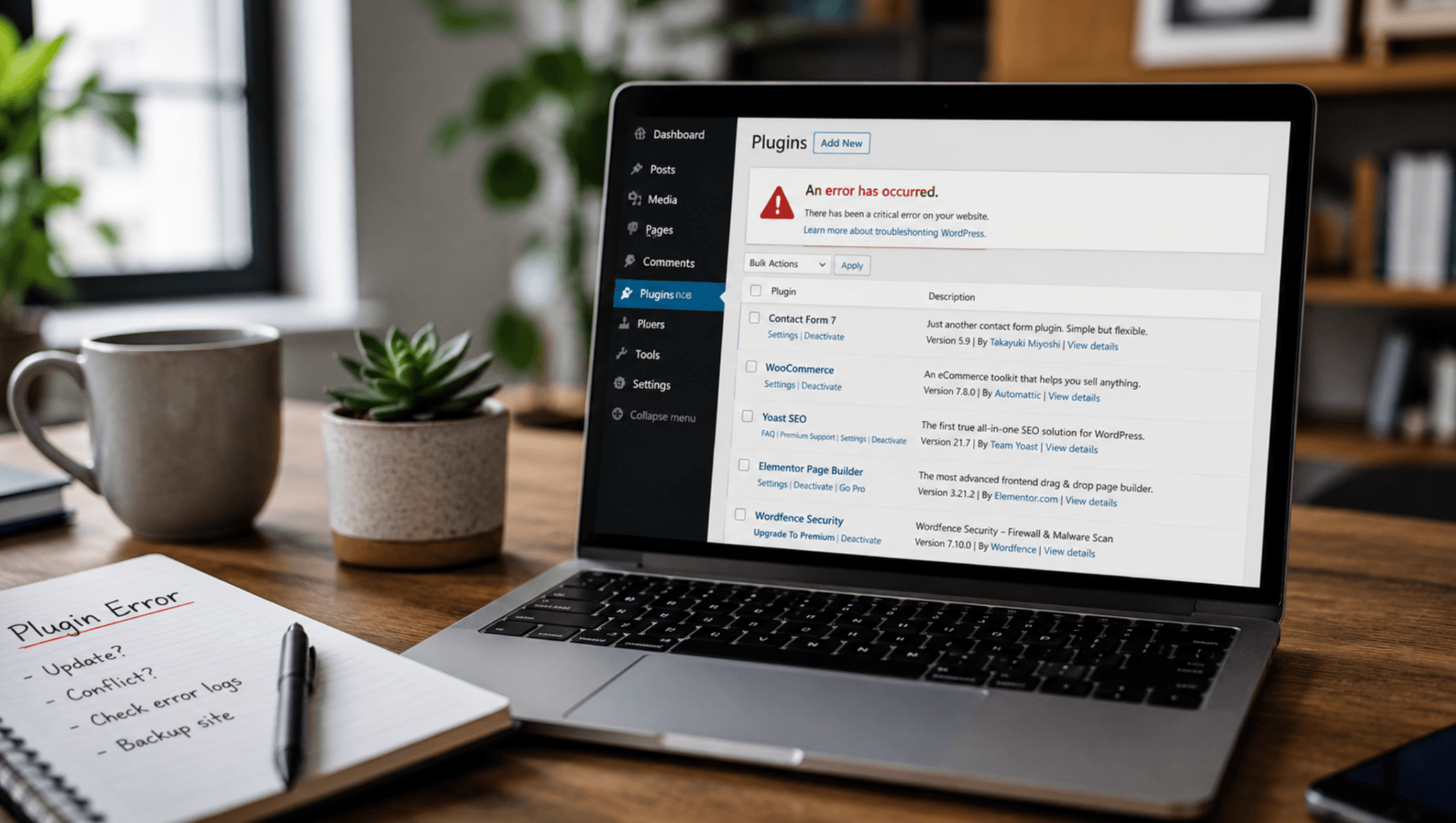 Person working on a laptop displaying a WordPress website error while troubleshooting plugin issues in a modern home office.