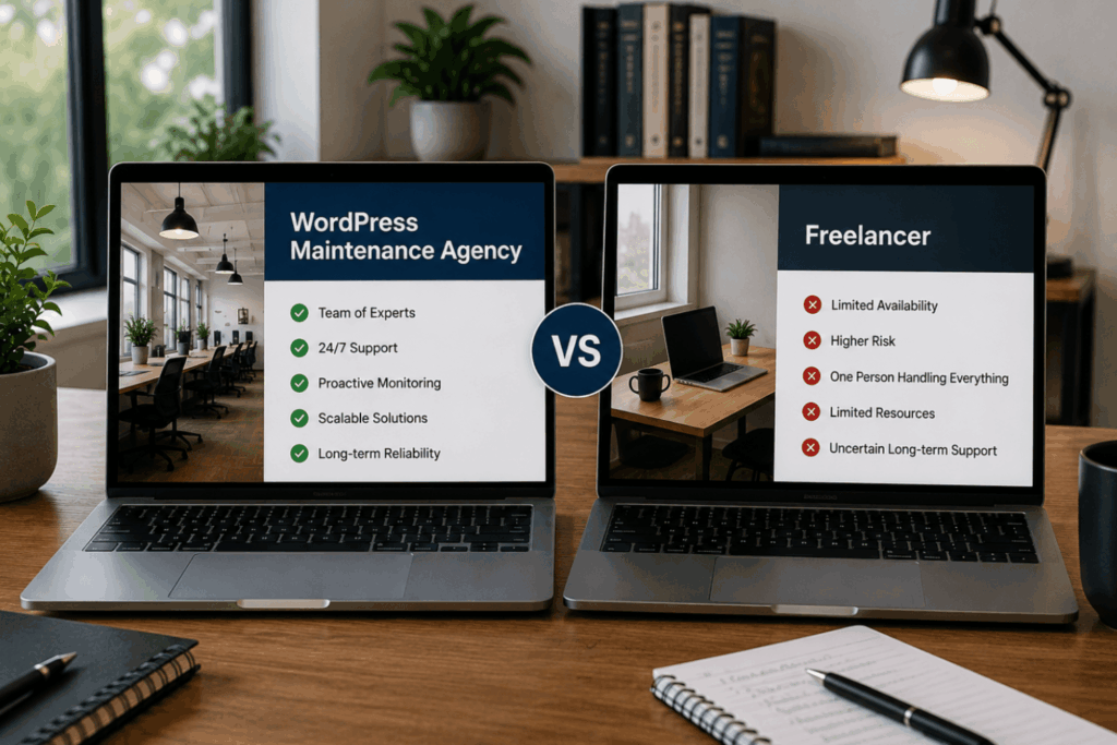 Two laptops on a modern office desk comparing a WordPress maintenance agency with a freelancer, highlighting the differences in support, expertise and long-term reliability.