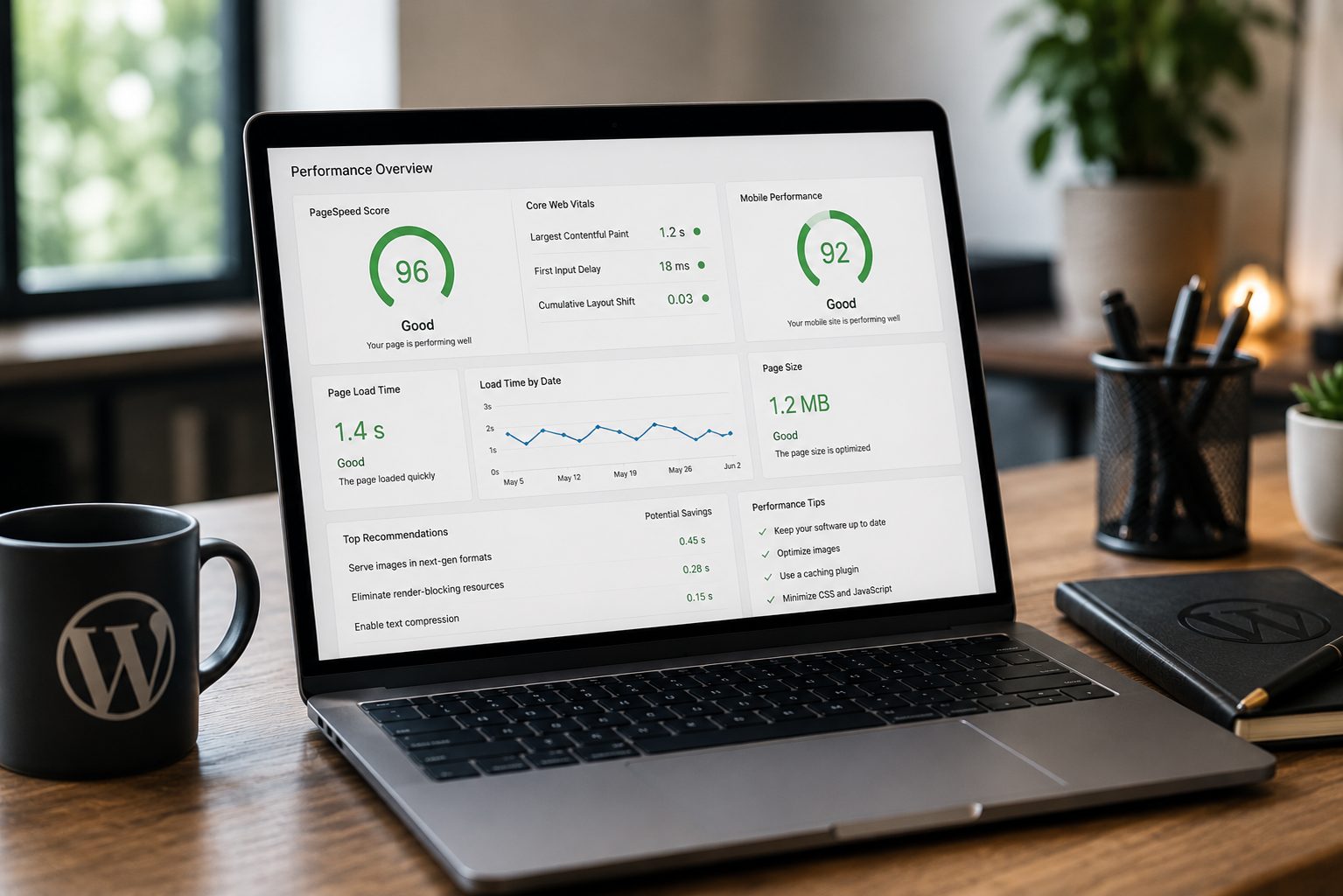 Laptop displaying a WordPress maintenance dashboard with updates, security, backups and performance checks completed.