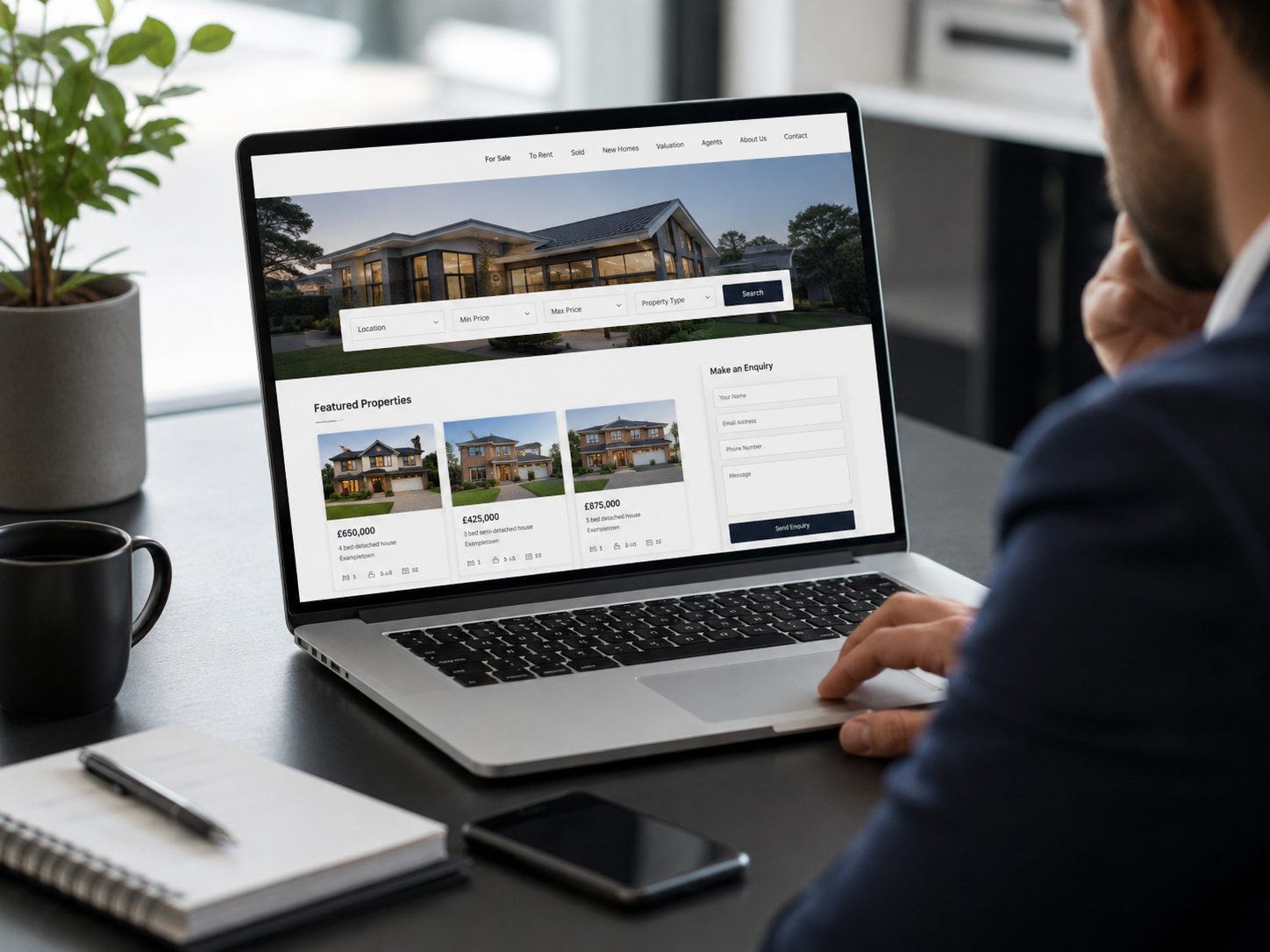 Estate agent reviewing a property website with listings, search filters and an enquiry form on a laptop