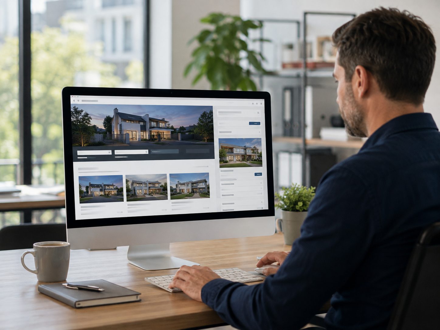 Estate agent reviewing property listings and website systems on a desktop computer