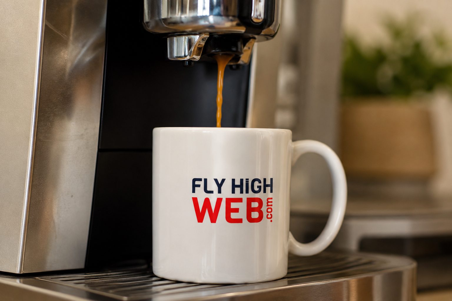 Fly High Web branded mug beside the office coffee machine