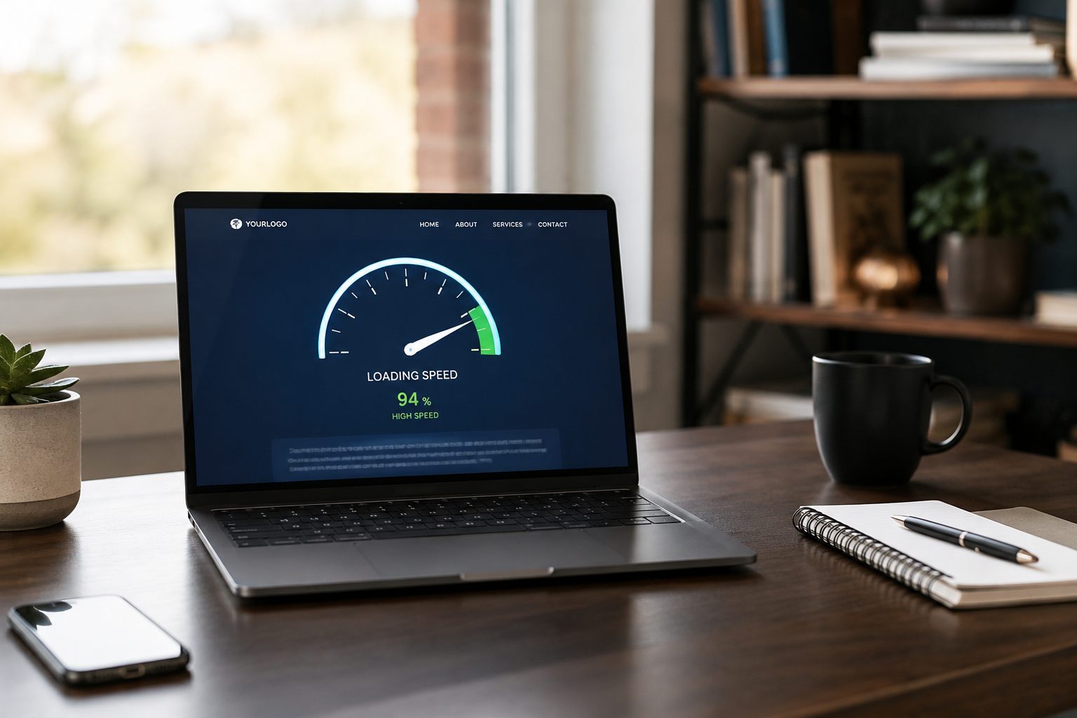 Laptop displaying a WordPress website speed dashboard in a modern workspace.