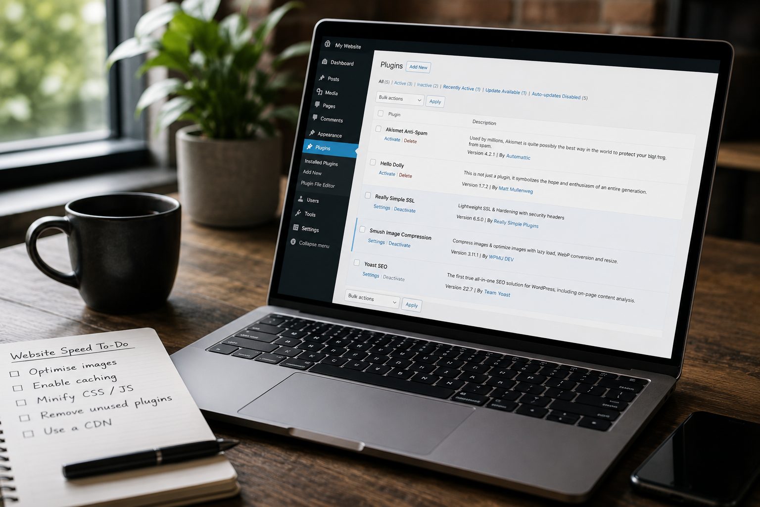 Laptop displaying the WordPress plugins screen beside a handwritten website speed checklist.