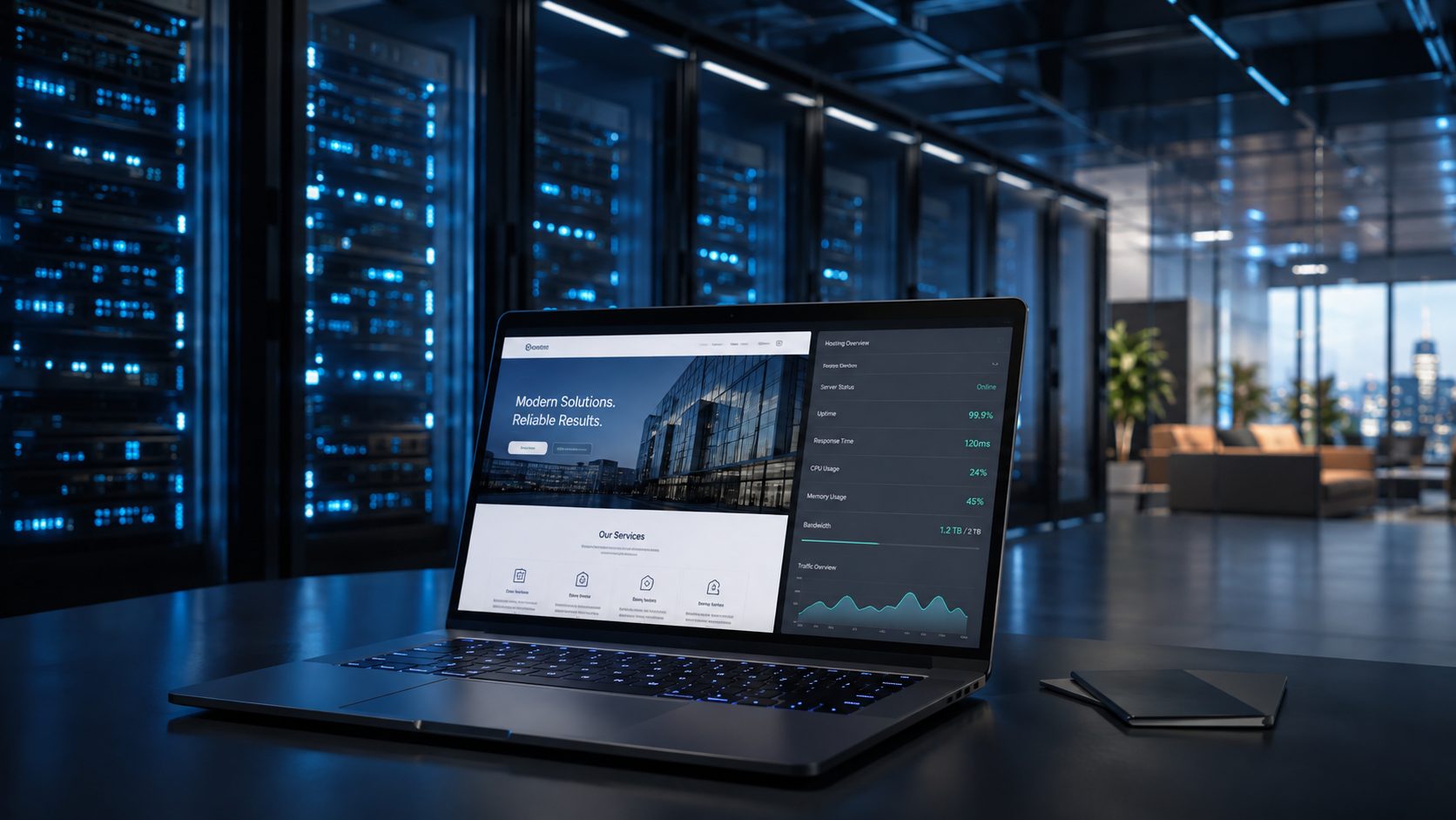 Laptop displaying website hosting performance beside server racks in a data centre