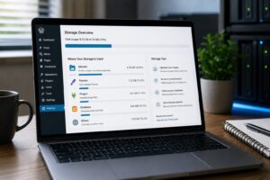 Laptop showing WordPress storage usage with external drives and backup equipment