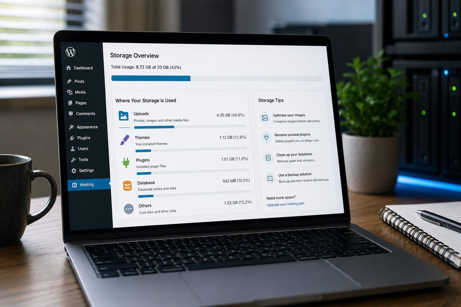 Laptop showing WordPress storage usage with external drives and backup equipment
