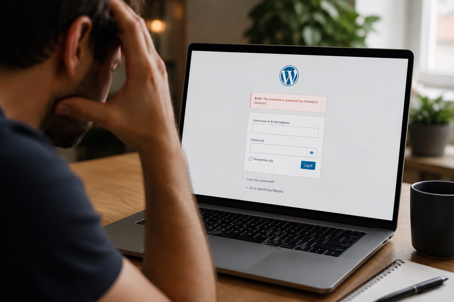 Frustrated website owner unable to access the WordPress login page on a laptop.