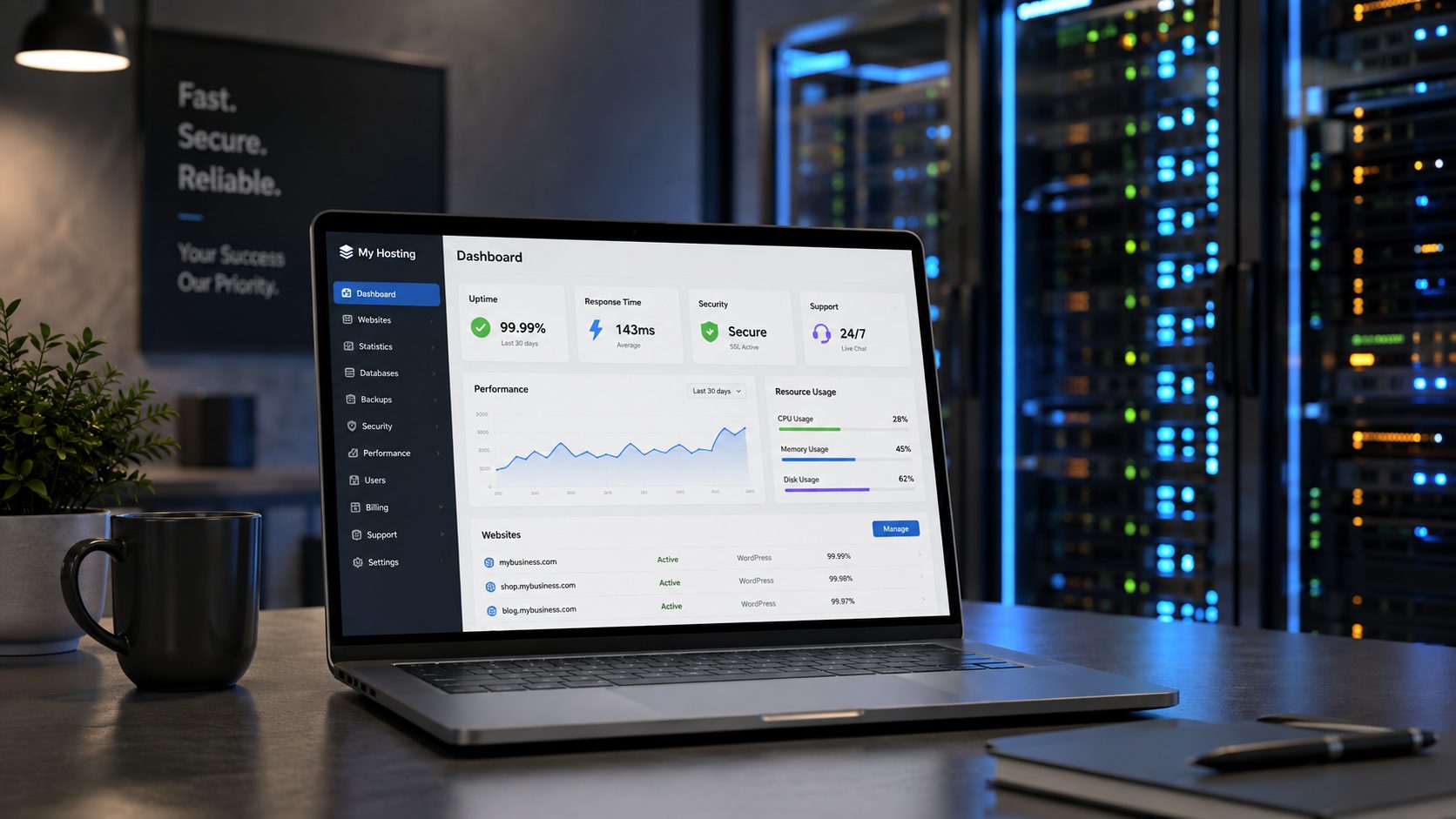 WordPress hosting dashboard showing uptime, security, support and resource usage