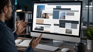Man reacting to a broken WordPress website layout displayed incorrectly on a desktop monitor.