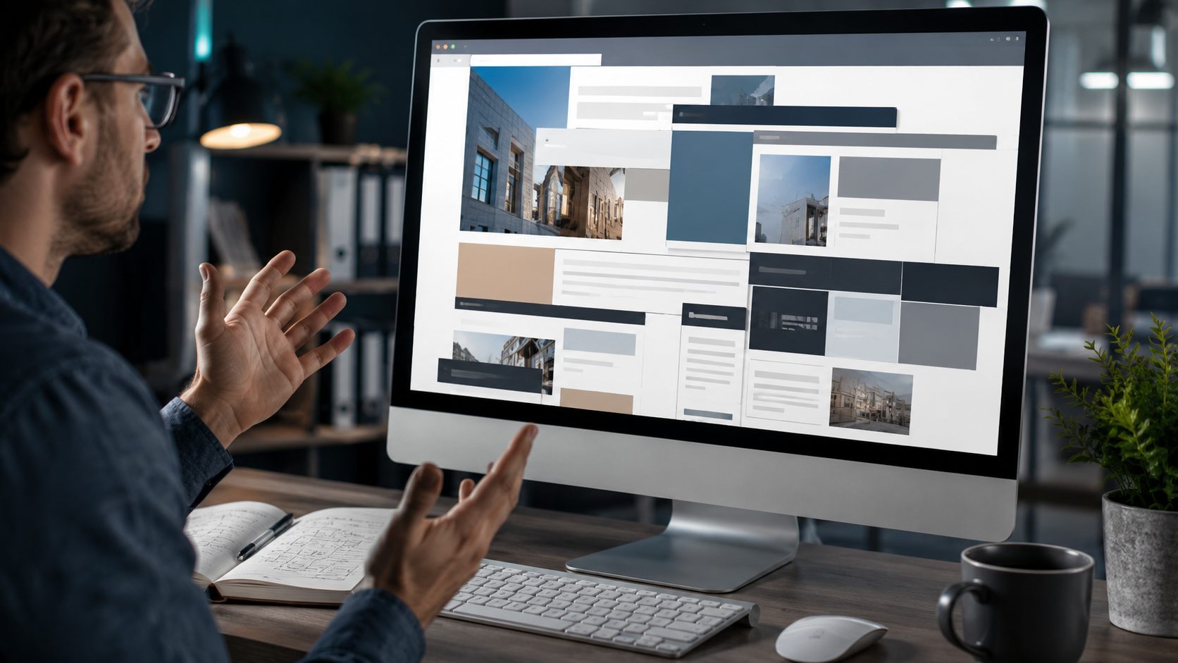Man reacting to a broken WordPress website layout displayed incorrectly on a desktop monitor.