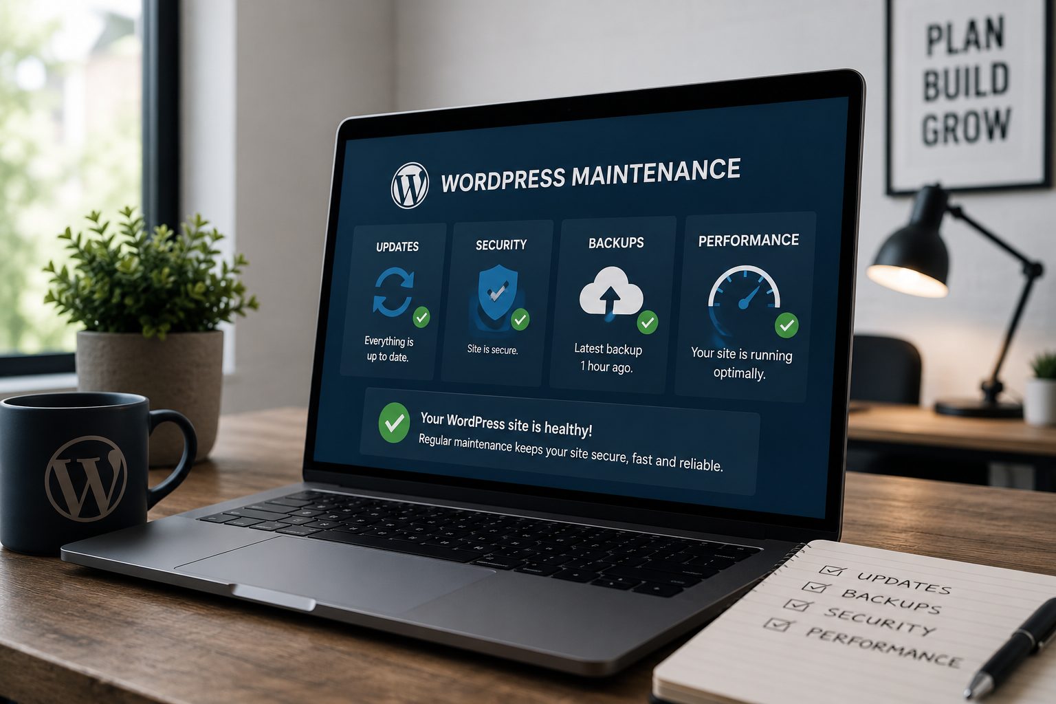 Business owner using the WordPress dashboard on a laptop to manage and maintain a website.