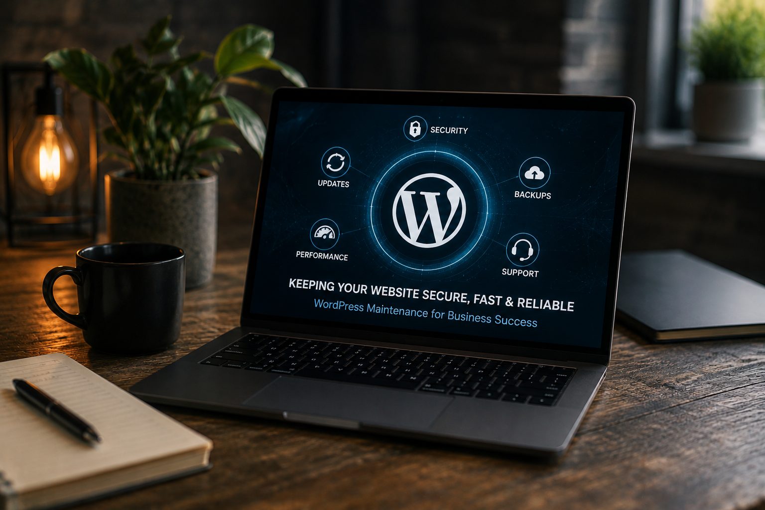 Laptop displaying WordPress maintenance features for a business website