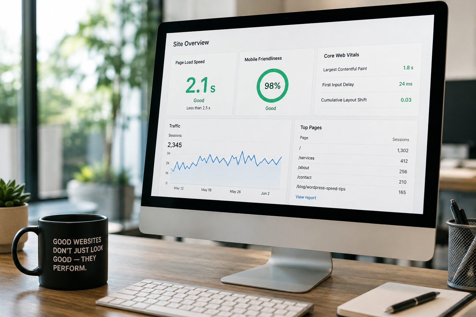 Desktop monitor showing page speed, mobile usability and Core Web Vitals performance data.
