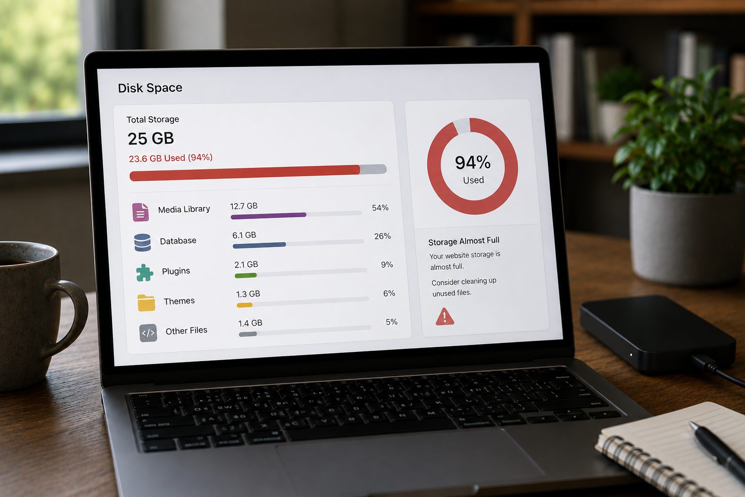 Laptop displaying website disk space usage with storage almost full