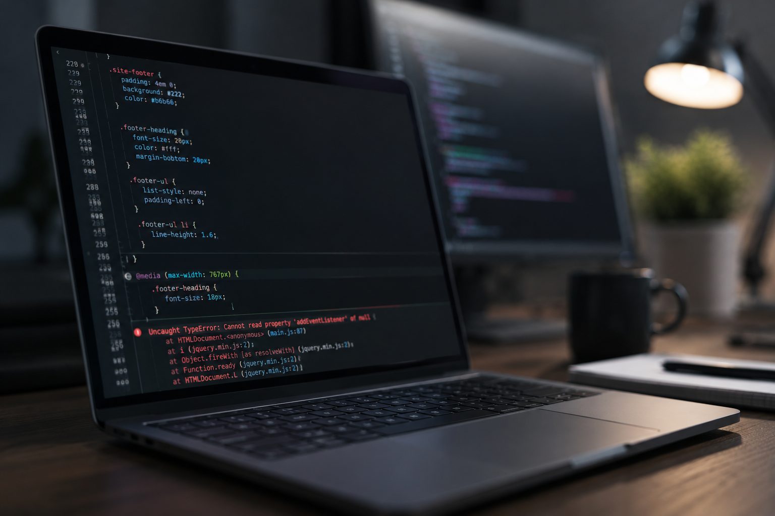 Laptop displaying CSS code and a JavaScript error message during website troubleshooting.