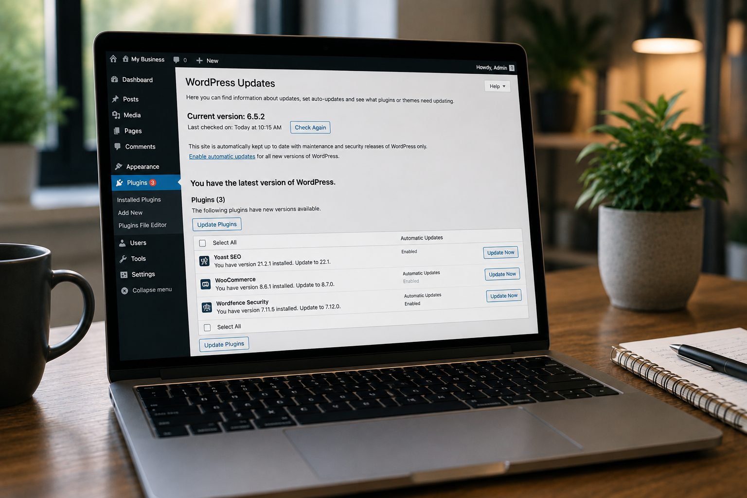 WordPress updates screen showing available plugin updates on a laptop