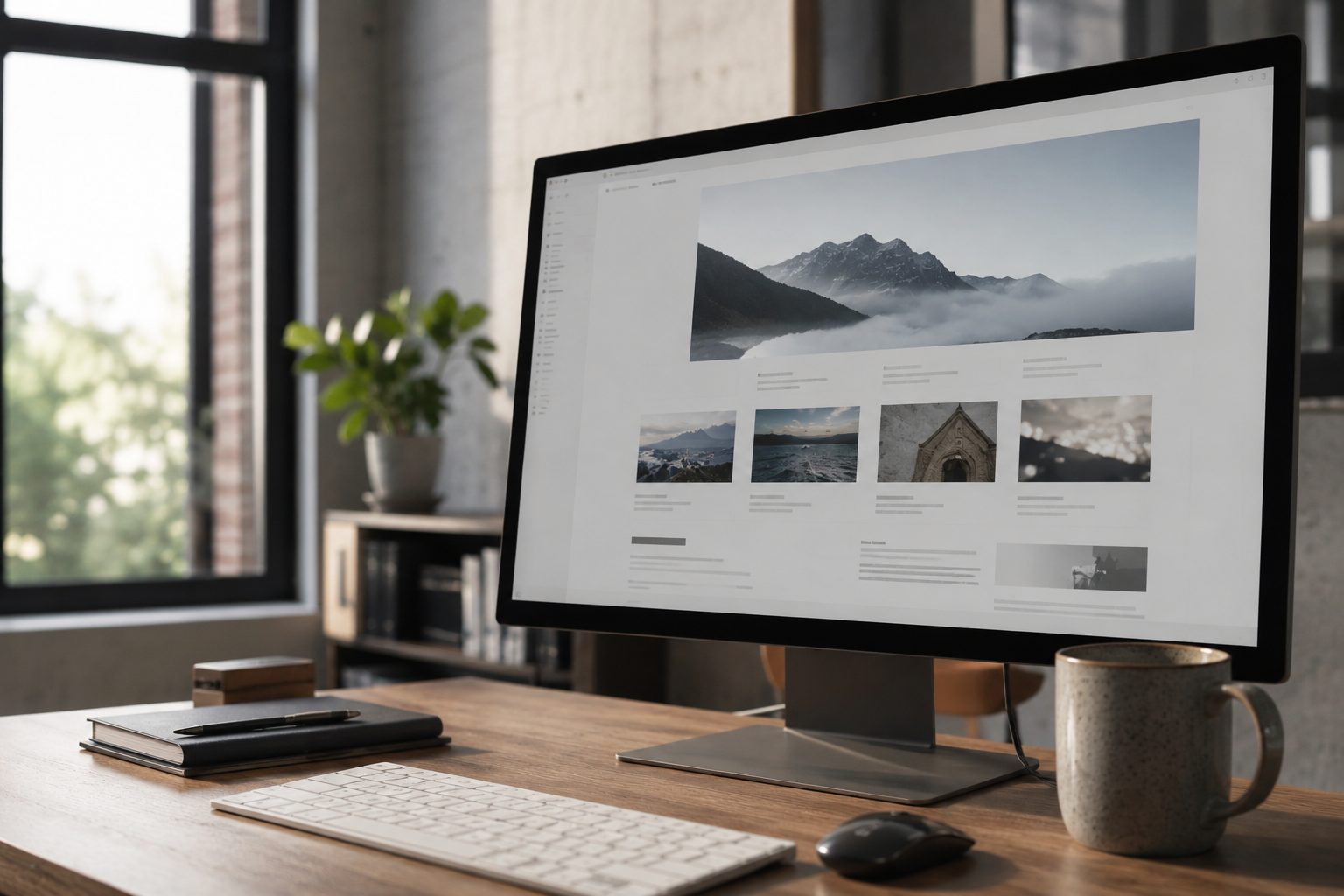 Desktop monitor showing a WordPress website layout in a bright modern office.