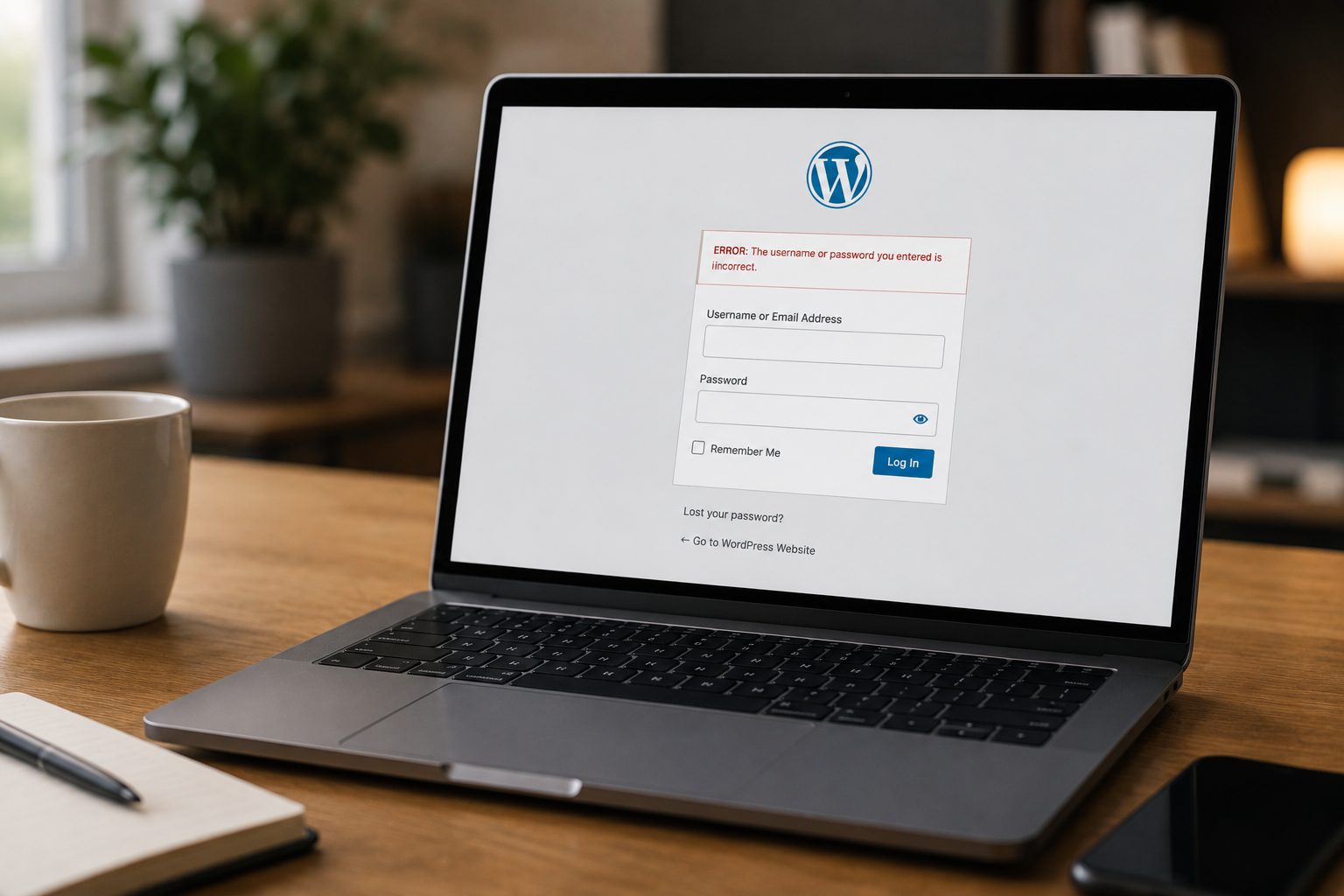 Laptop showing browser settings for clearing cached files and cookies to fix WordPress login issues.