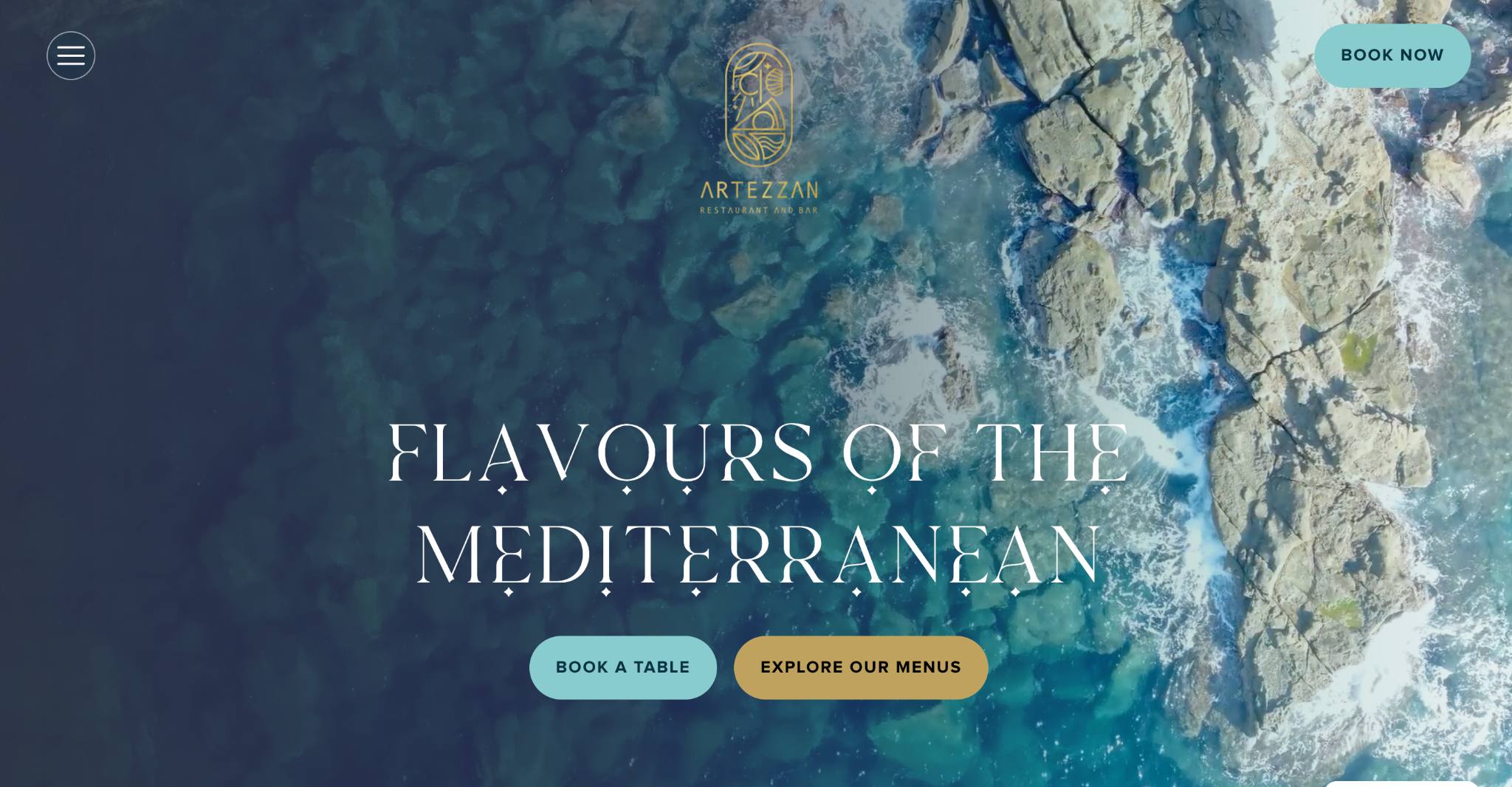 - Artezzan restaurant and bar website homepage showing its Mediterranean branding and coastal hero image.