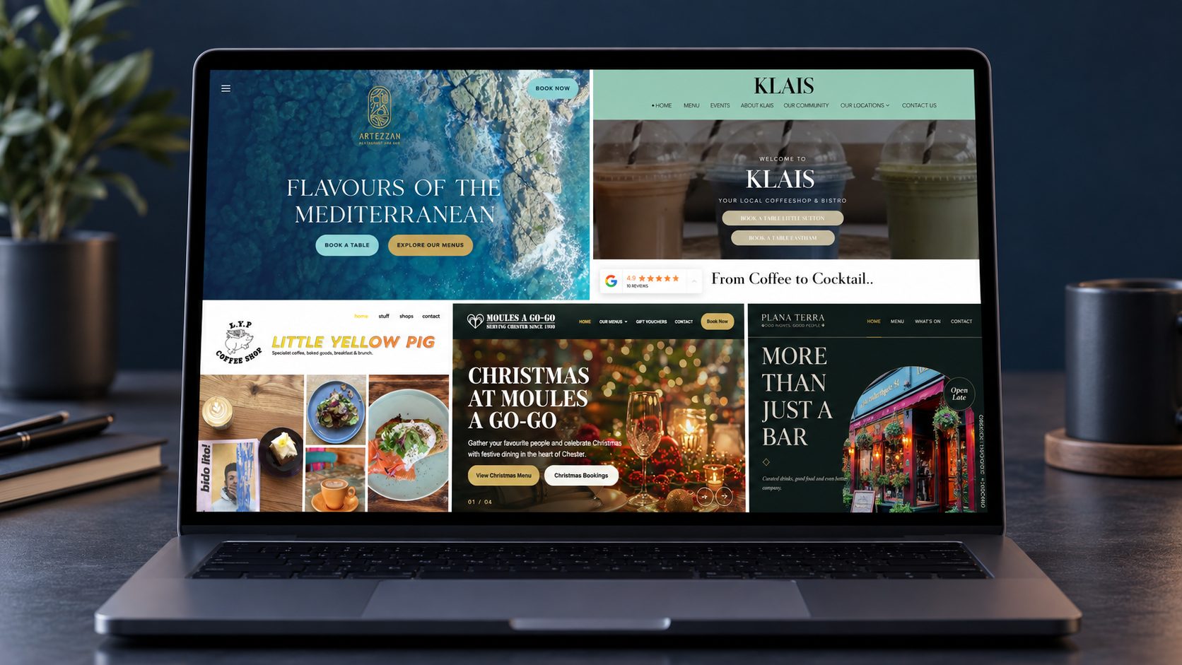 Laptop displaying a collage of five restaurant and café homepage screenshots used to compare website speed.