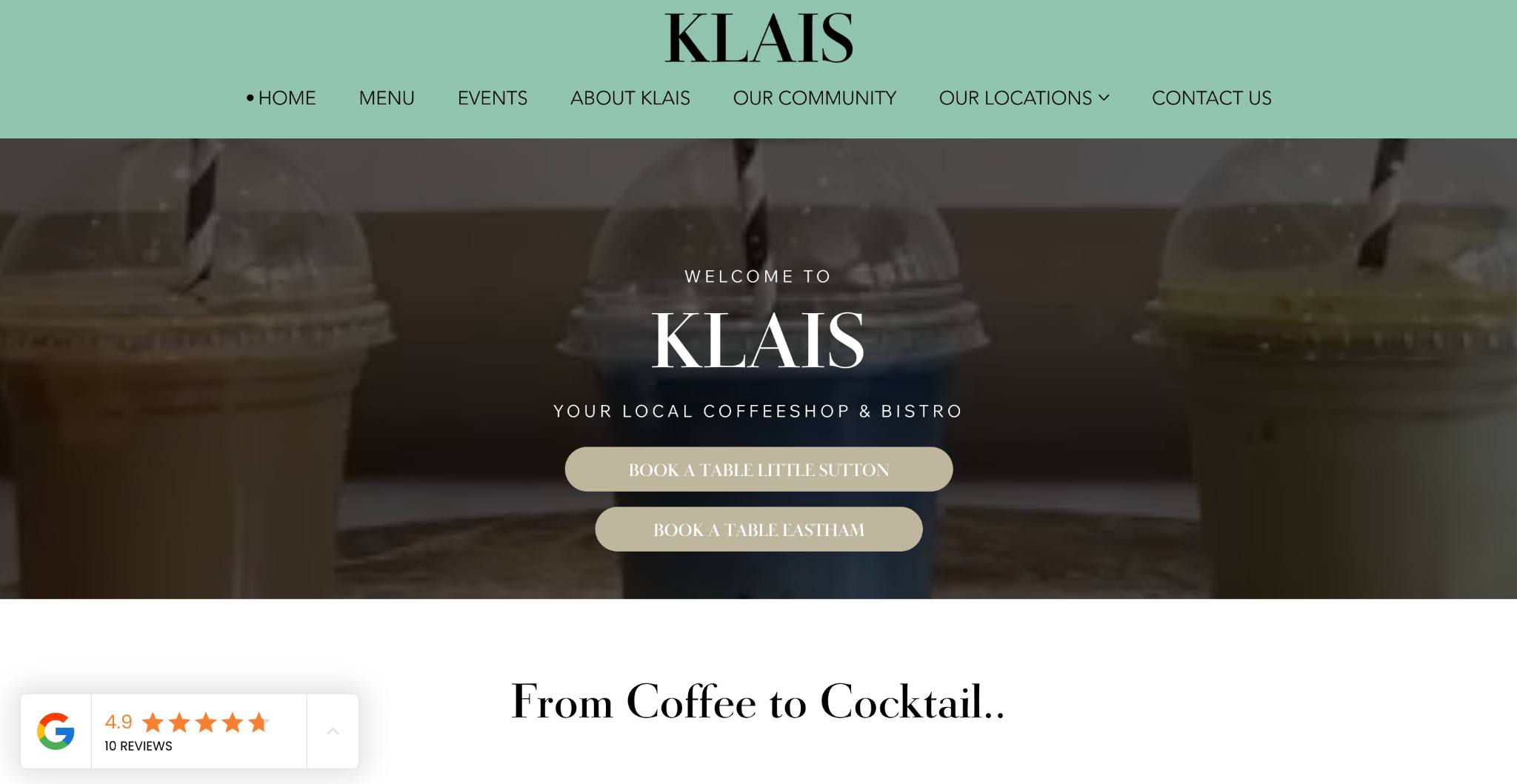 Klais coffee shop and bistro website homepage with booking buttons and food imagery.
