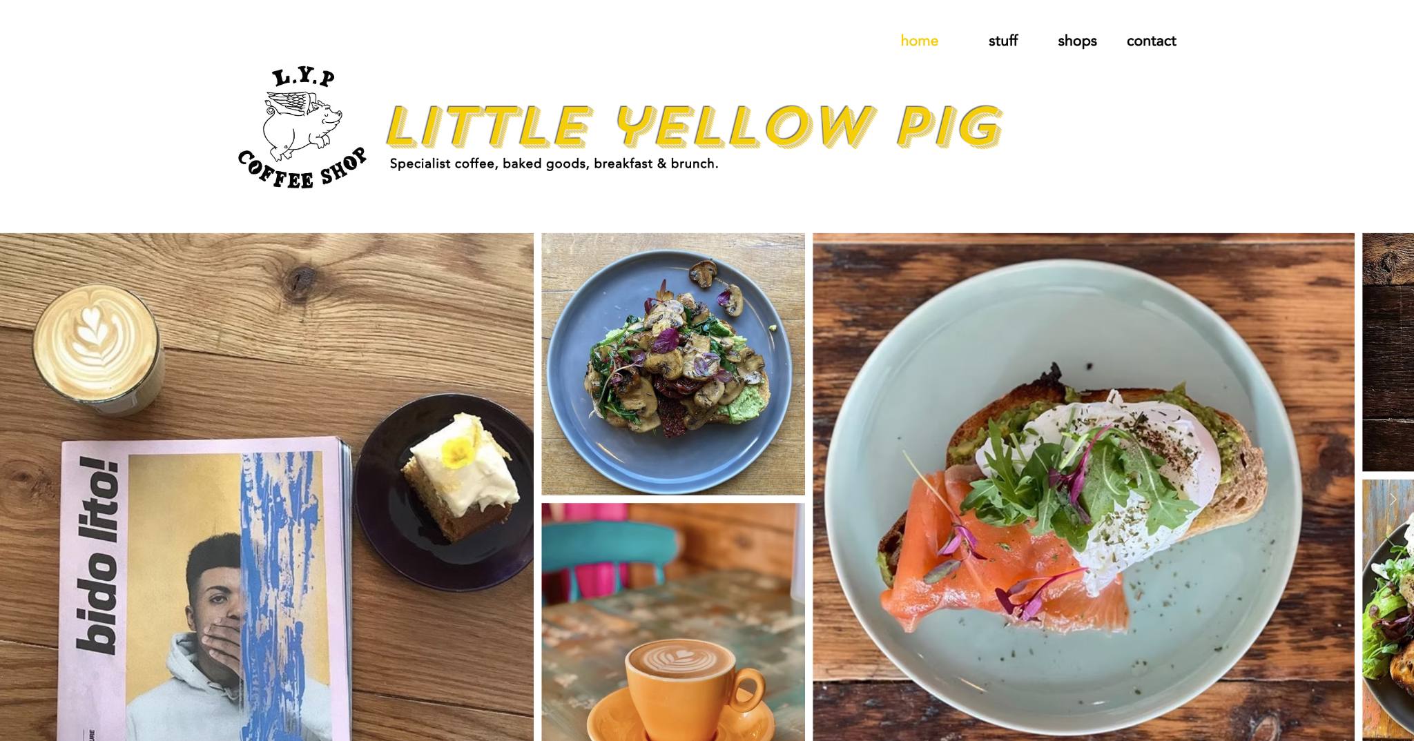 Little Yellow Pig coffee shop website homepage showing food, coffee and café photography.