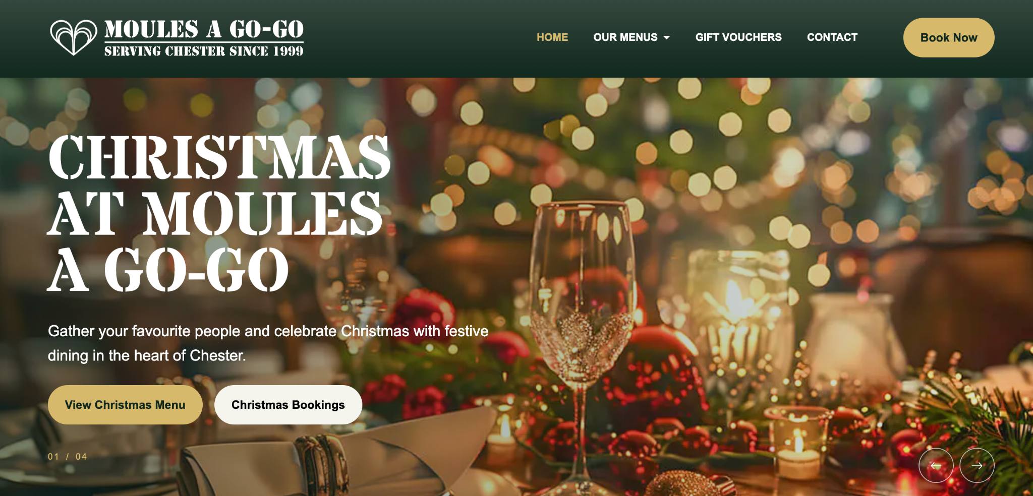 Moules A Go-Go restaurant website homepage showing its Christmas dining promotion.