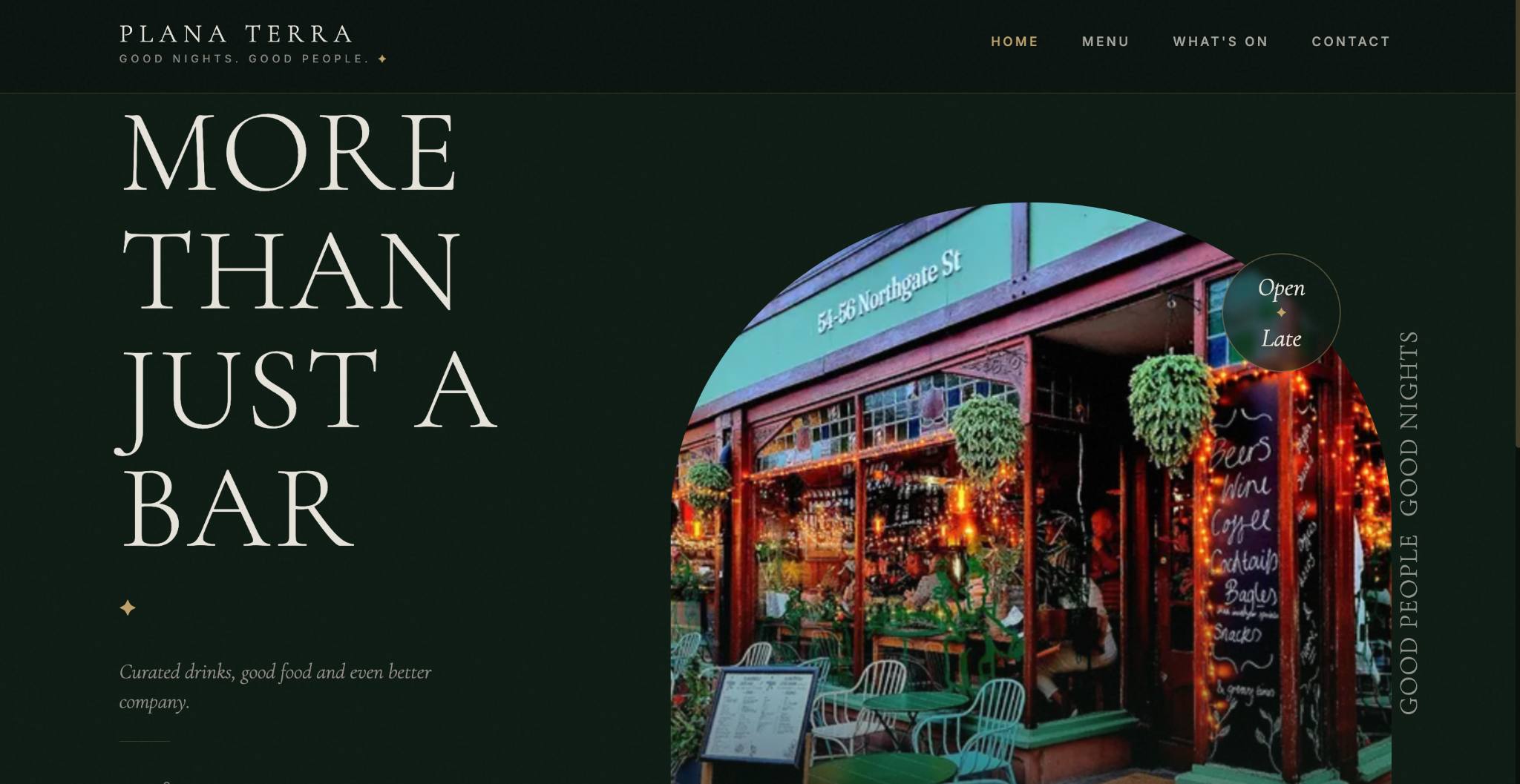 Plana Terra bar website homepage showing its dark green design and venue photography.
